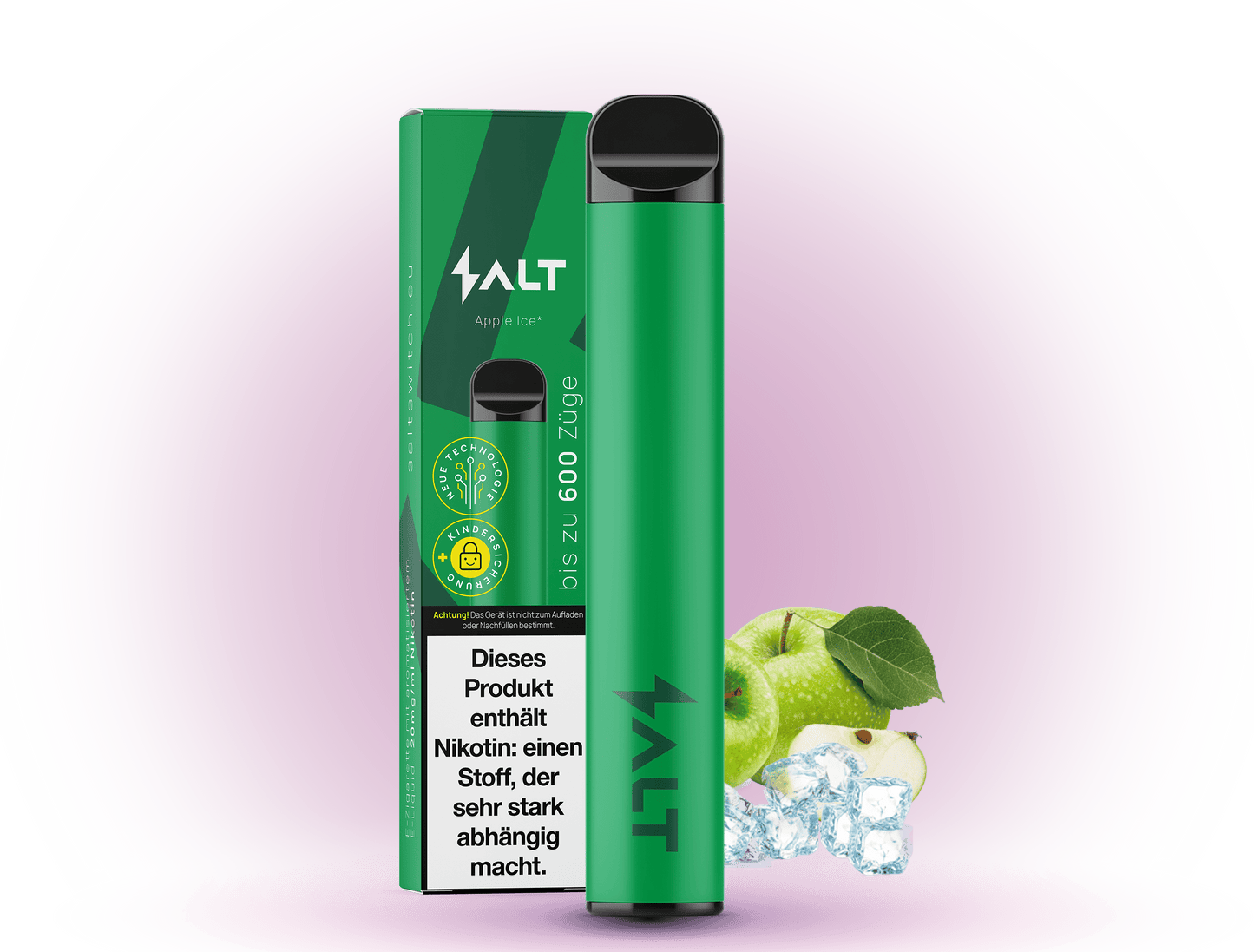 SALT 600 Apple Ice – Einweg E-Zigarette mit 600 Zügen, erfrischendem Apfel-Eis-Geschmack und 20 mg/ml Nikotin.