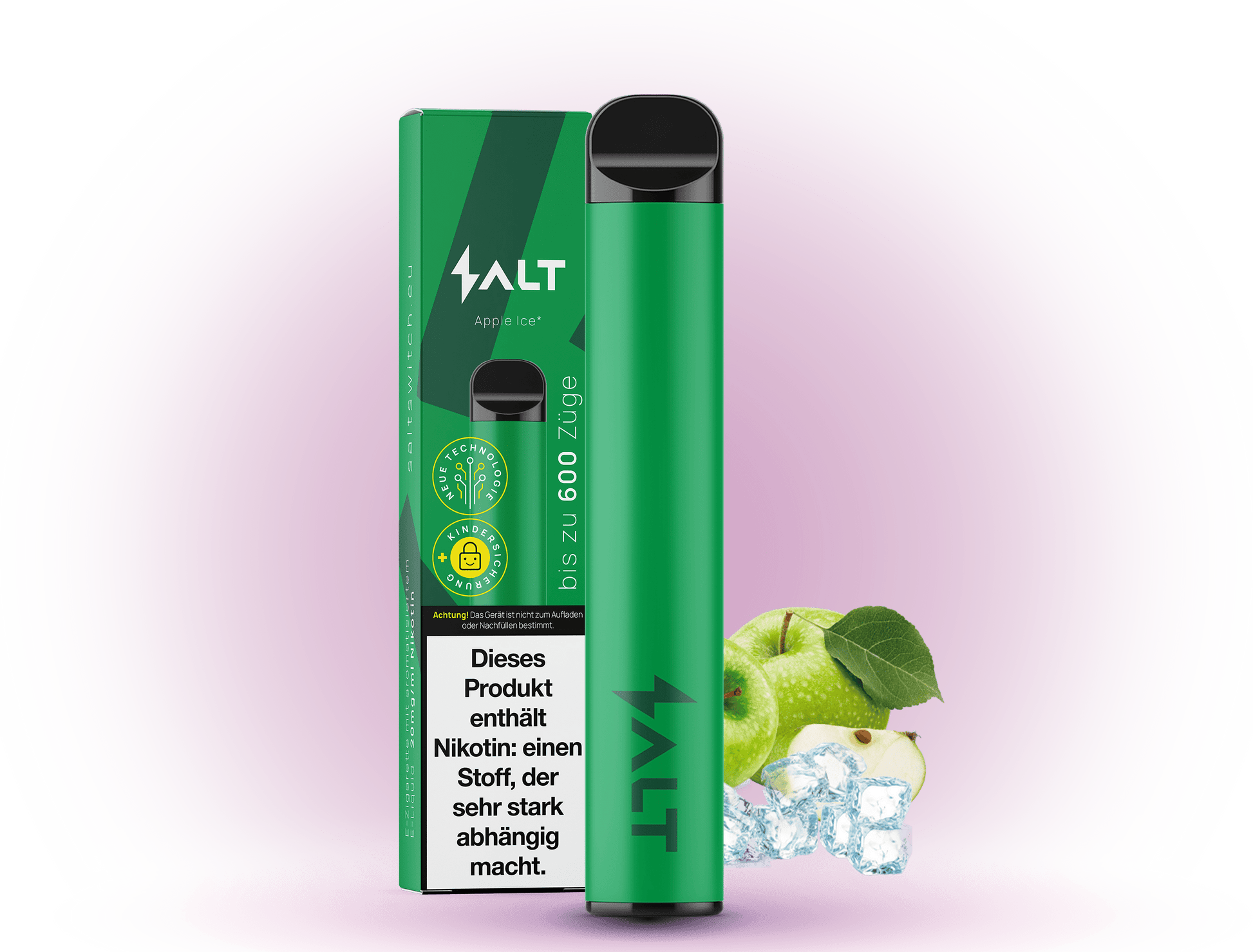 SALT 600 Apple Ice – Einweg E-Zigarette mit 600 Zügen, erfrischendem Apfel-Eis-Geschmack und 20 mg/ml Nikotin.