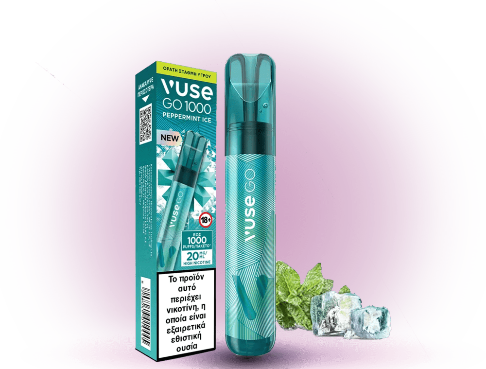 Vuse Go 1000 Peppermint Ice – Einweg E-Zigarette mit 1000 Zügen, erfrischendem Pfefferminz-Eis-Geschmack und 20 mg/ml Nikotin.