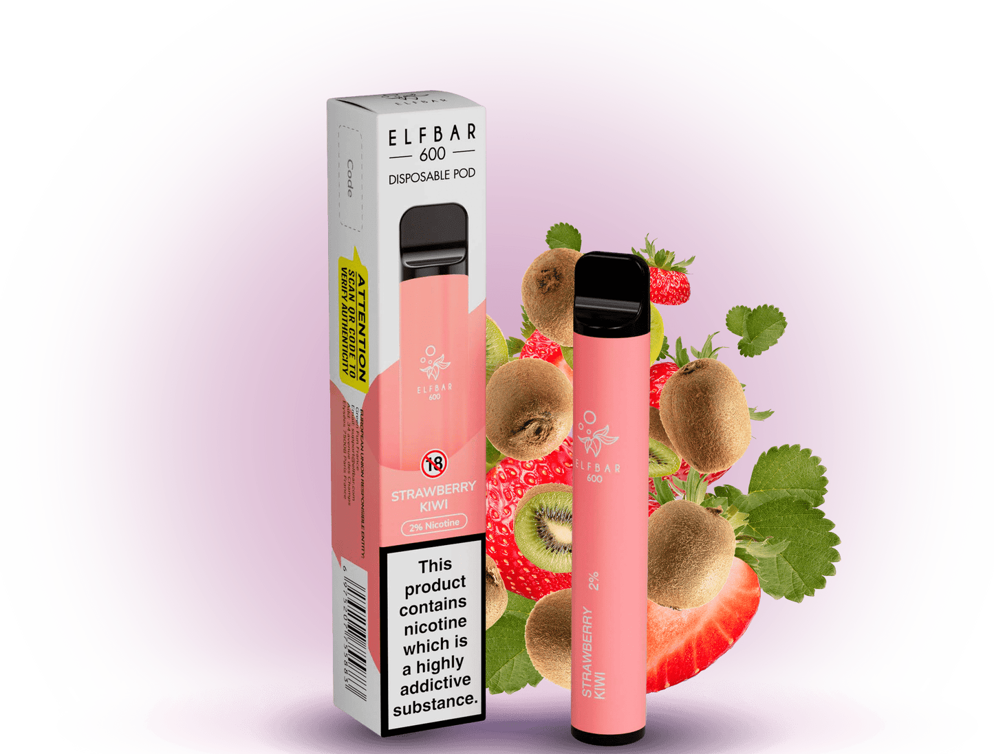 Ein Elfbar 600V2 Strawberry-Kiwi Einweg-E-Zigarette, die den süßen Geschmack von Erdbeeren und Kiwi kombiniert, in einem handlichen, farbenfrohen Design. Ideal für bis zu 600 Züge.