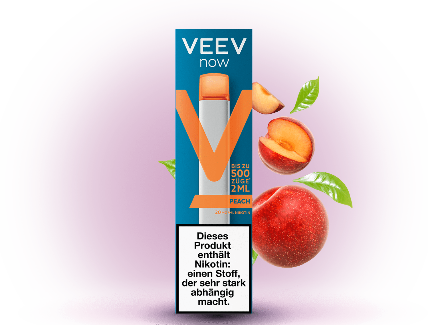 VEEV Now 500 Peach – Einweg E-Zigarette mit 500 Zügen, saftigem Pfirsich-Geschmack und 20 mg/ml Nikotin.