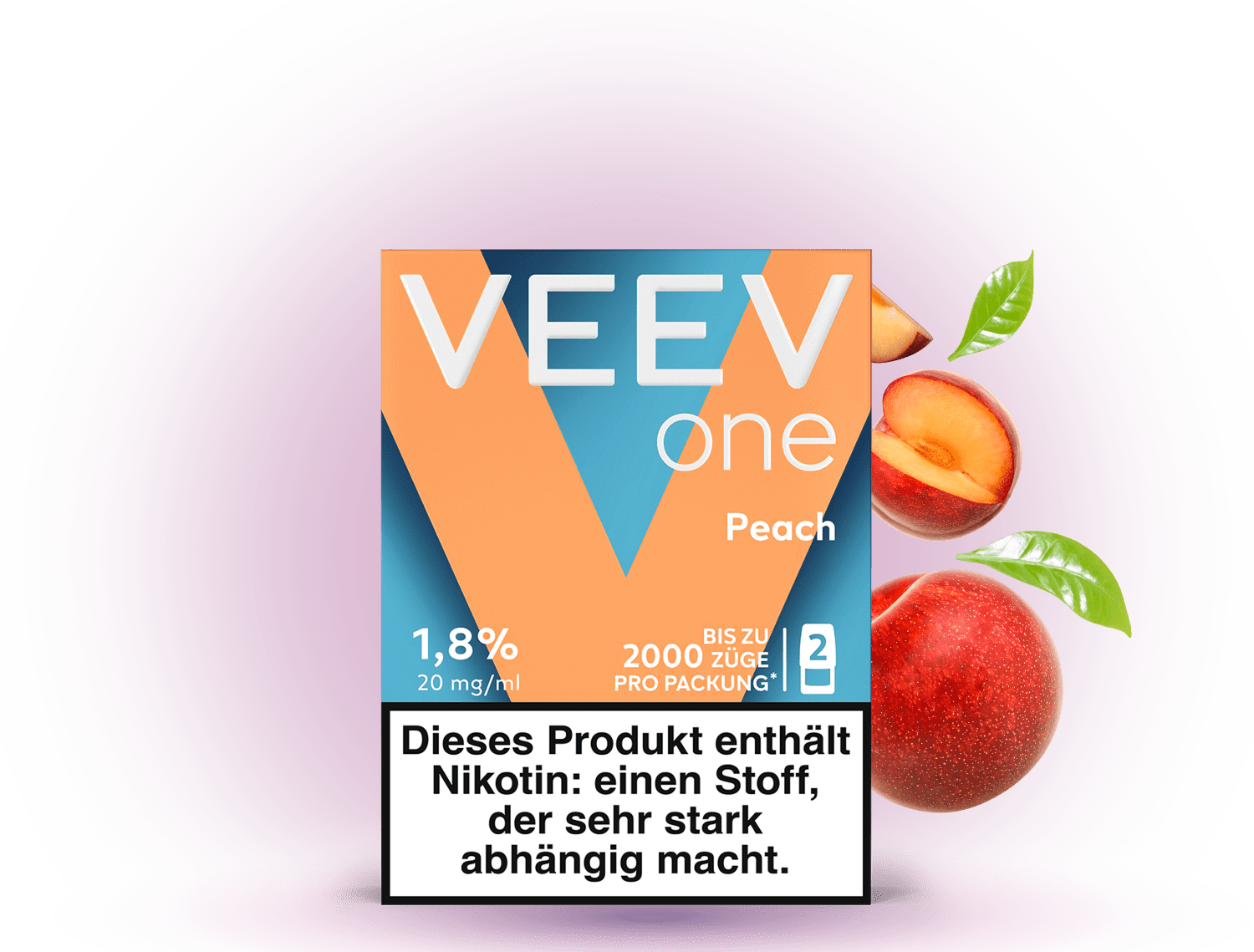 VEEV One Pods Peach – Pods für VEEV E-Zigaretten mit saftigem Pfirsich-Geschmack und 20 mg/ml Nikotin.