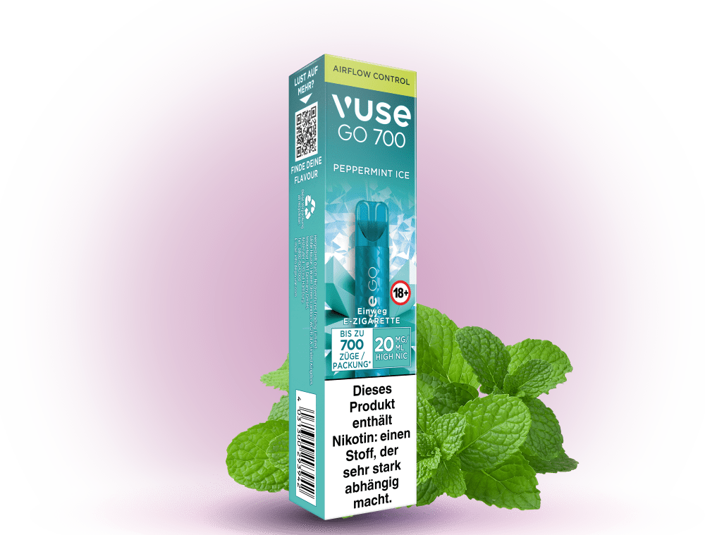 Vuse Peppermint Ice – Einweg E-Zigarette mit erfrischendem Pfefferminz-Eis-Geschmack und 20 mg/ml Nikotin.