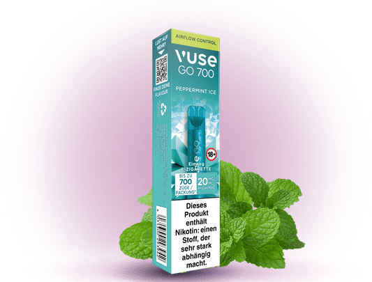 Vuse Peppermint Ice – Einweg E-Zigarette mit erfrischendem Pfefferminz-Eis-Geschmack und 20 mg/ml Nikotin.