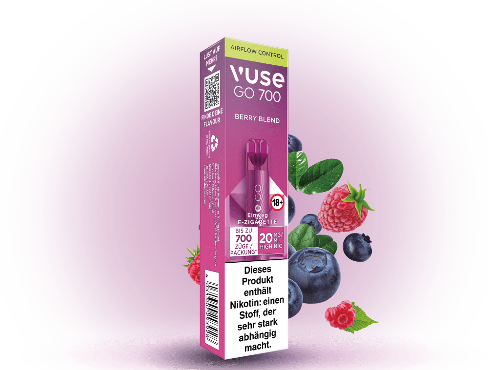 Vuse Go 700 Berry Blend – Einweg E-Zigarette mit 700 Zügen, gemischtem Beerengeschmack und 20 mg/ml Nikotin.