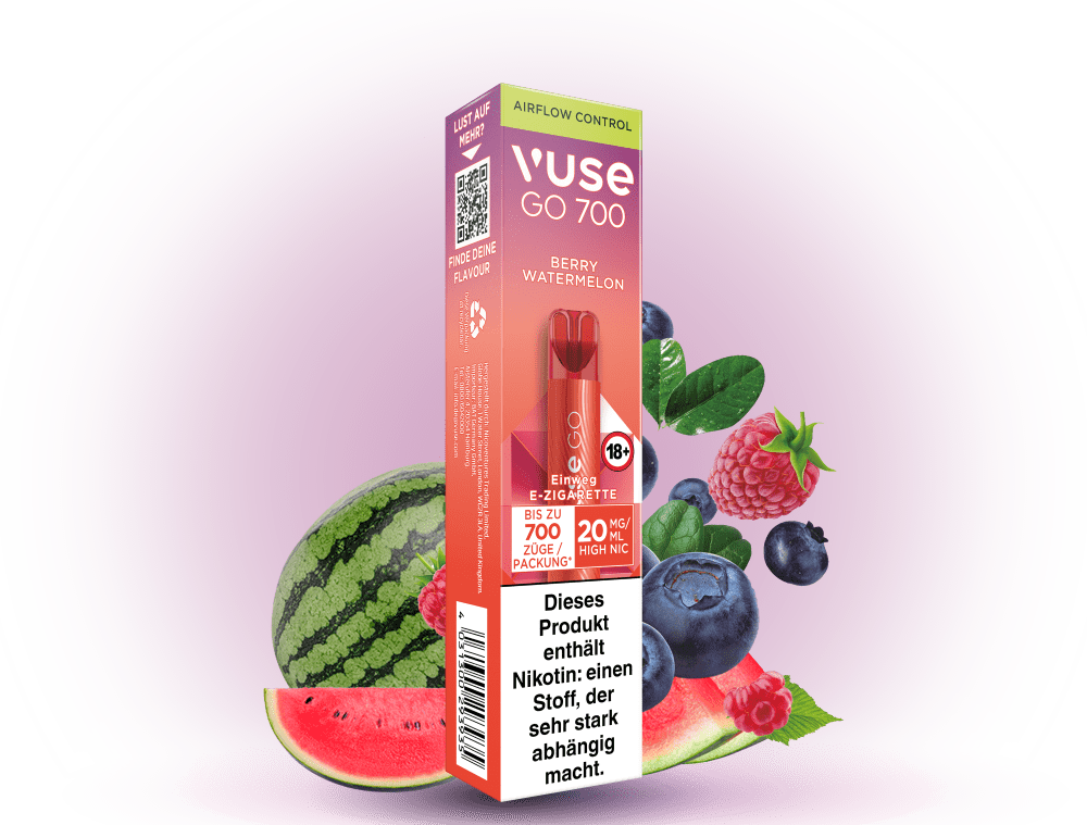 Vuse Go 700 Berry Watermelon – Einweg E-Zigarette mit 700 Zügen, fruchtigem Beeren-Wassermelonen-Geschmack und 20 mg/ml Nikotin.