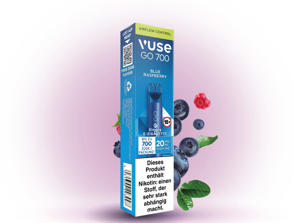 Vuse Go 700 Blue Raspberry – Einweg E-Zigarette mit 700 Zügen, süß-saurem Blaubeer-Himbeer-Geschmack und 20 mg/ml Nikotin.