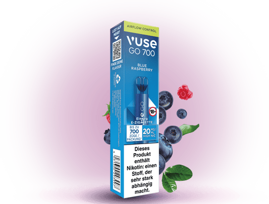 Vuse Go 700 Blue Raspberry – Einweg E-Zigarette mit 700 Zügen, süß-saurem Blaubeer-Himbeer-Geschmack und 20 mg/ml Nikotin.