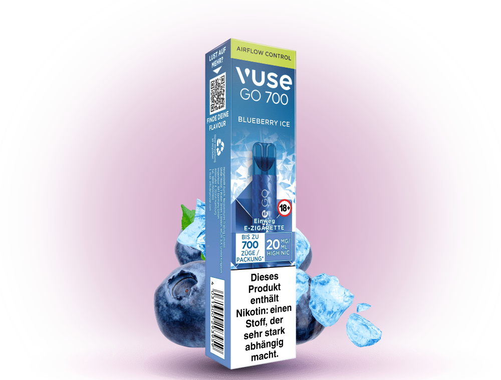 Vuse Go 700 Blueberry Ice – Einweg E-Zigarette mit 700 Zügen, erfrischendem Blaubeer-Eis-Geschmack und 20 mg/ml Nikotin.