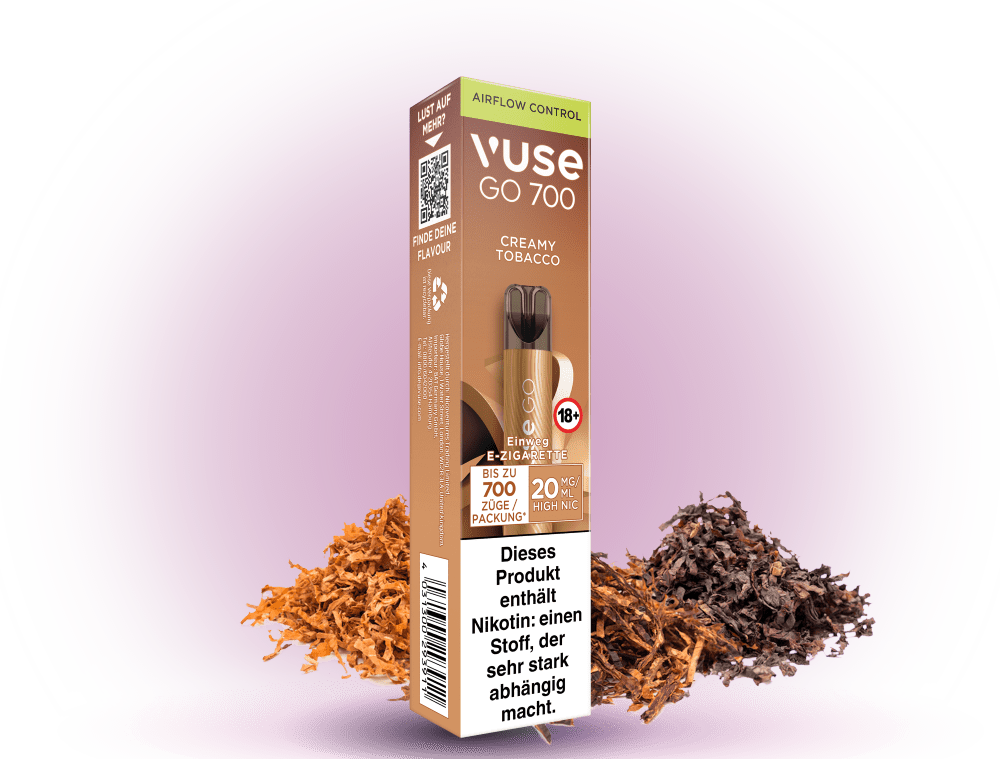 Vuse Go 700 Creamy Tobacco – Einweg E-Zigarette mit 700 Zügen, cremigem Tabakgeschmack und 20 mg/ml Nikotin.