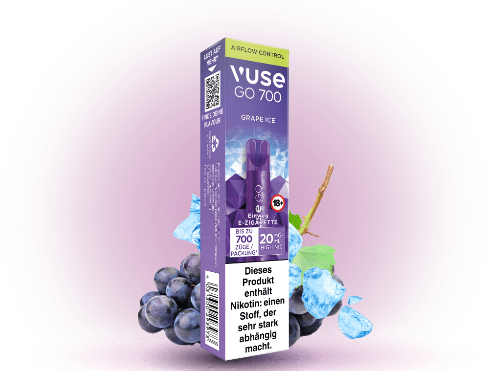 Vuse Go 700 Grape Ice – Einweg E-Zigarette mit 700 Zügen, frischem Trauben-Eis-Geschmack und 20 mg/ml Nikotin.