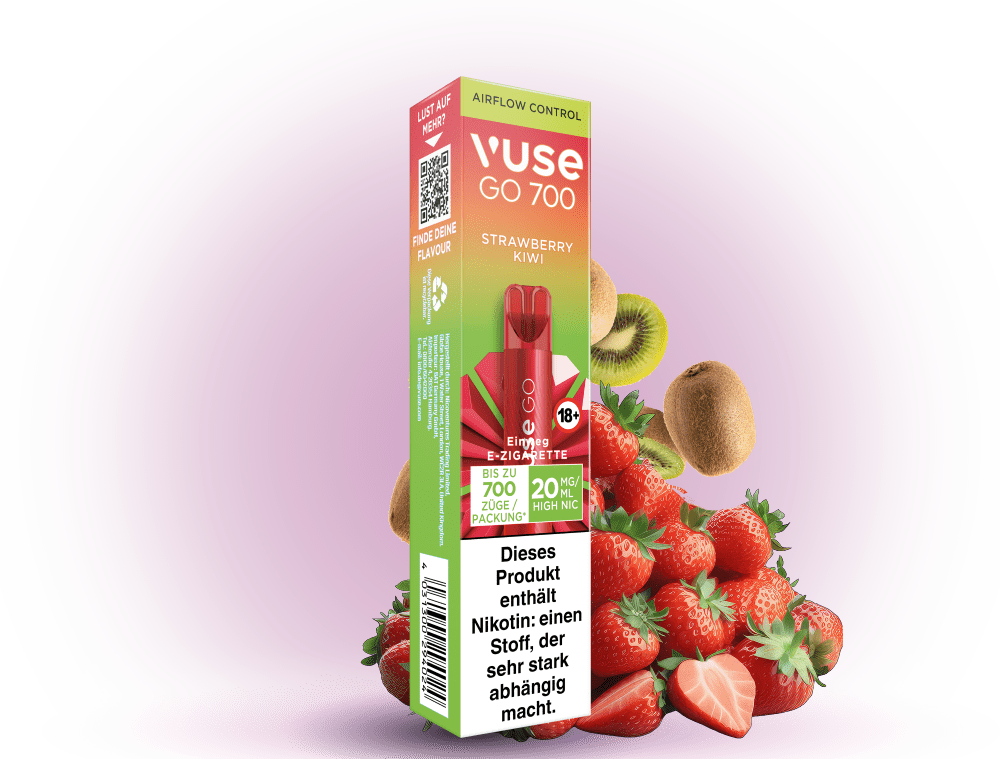 Vuse Go 700 Strawberry Kiwi – Einweg E-Zigarette mit 700 Zügen, fruchtiger Erdbeer-Kiwi-Geschmack und 20 mg/ml Nikotin.