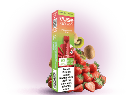 Vuse Go 700 Strawberry Kiwi – Einweg E-Zigarette mit 700 Zügen, fruchtiger Erdbeer-Kiwi-Geschmack und 20 mg/ml Nikotin.