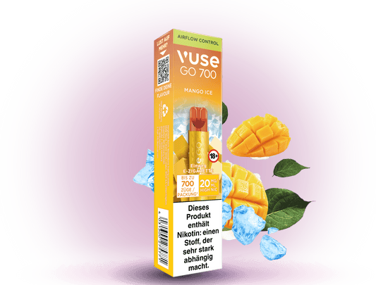 Vuse Go 700 Mango Ice – Einweg E-Zigarette mit 700 Zügen, erfrischendem Mango-Eis-Geschmack und 20 mg/ml Nikotin.