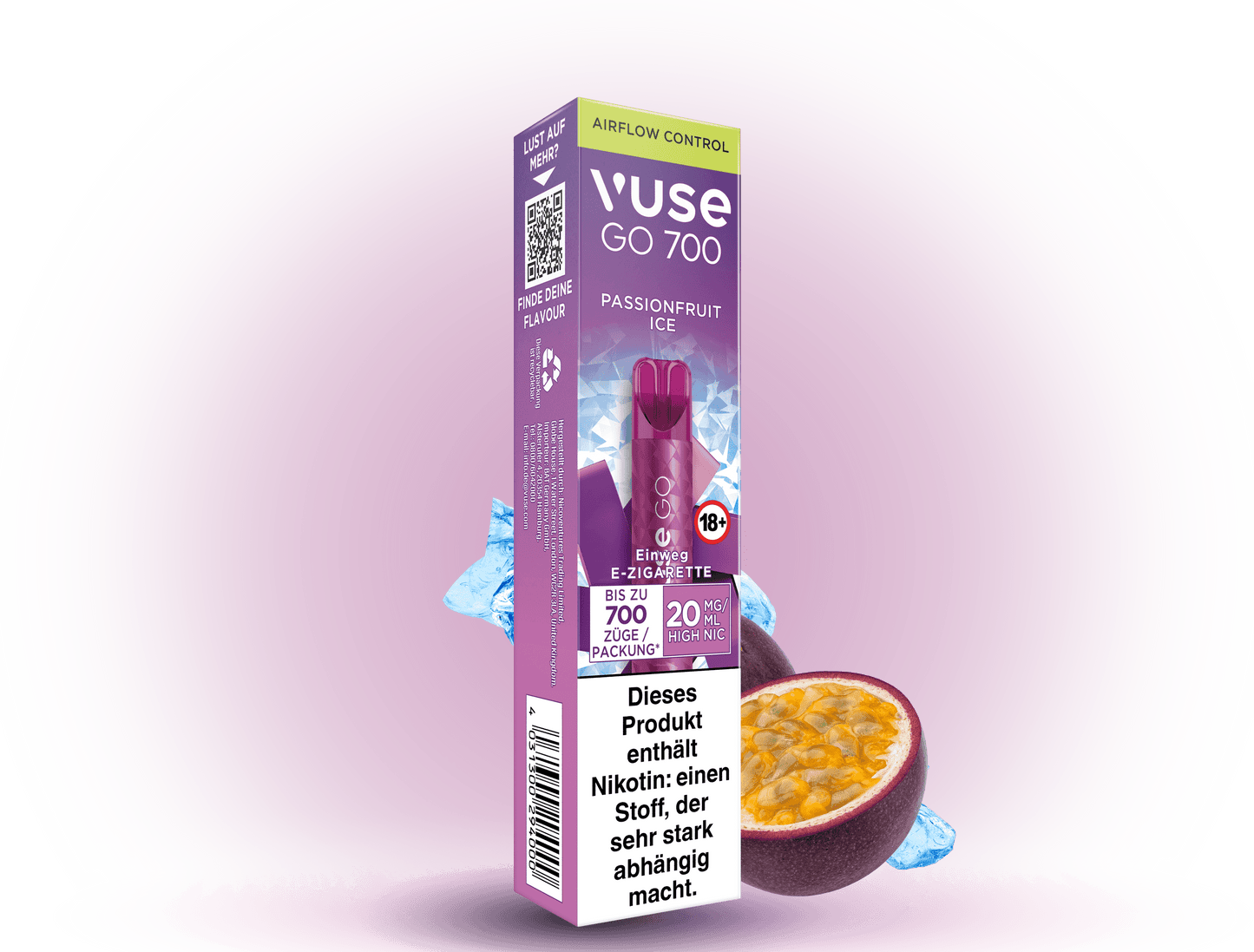 Vuse Go 700 Passionfruit Ice – Einweg E-Zigarette mit 700 Zügen, exotischem Maracuja-Eis-Geschmack und 20 mg/ml Nikotin.