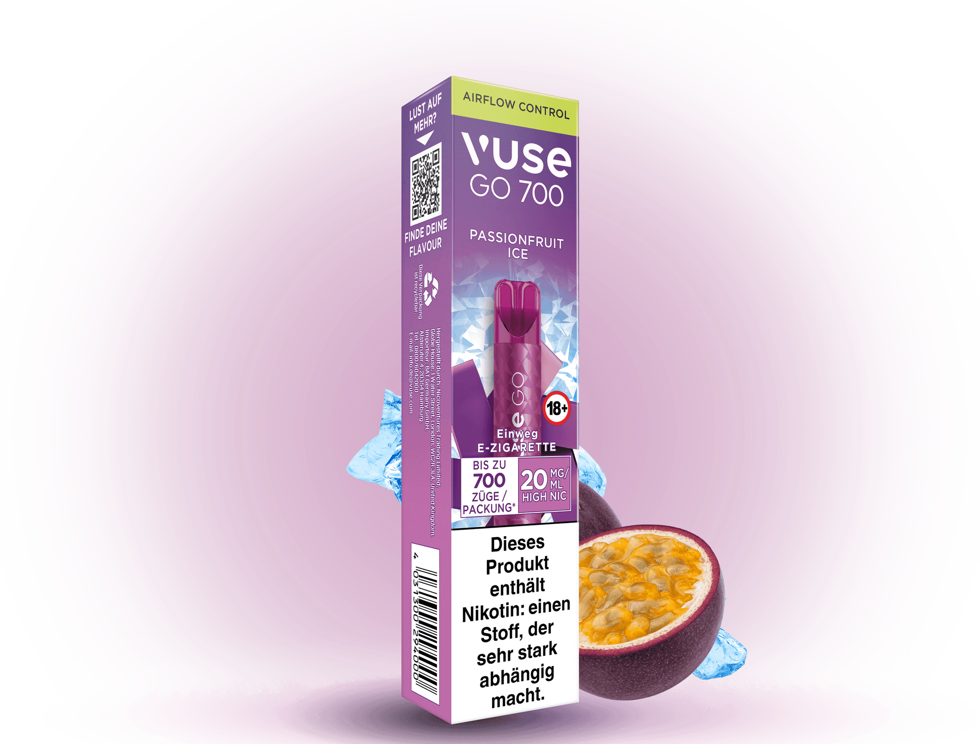 Vuse Go 700 Passionfruit Ice – Einweg E-Zigarette mit 700 Zügen, exotischem Maracuja-Eis-Geschmack und 20 mg/ml Nikotin.