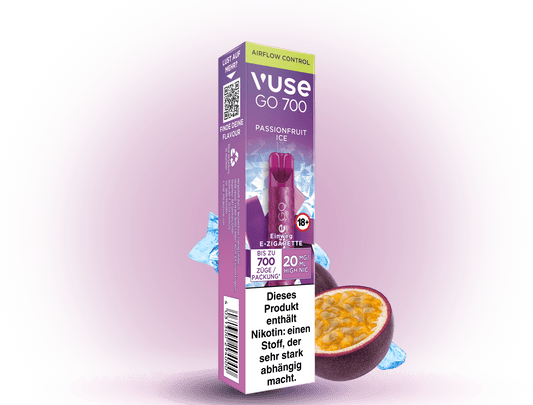 Vuse Go 700 Passionfruit Ice – Einweg E-Zigarette mit 700 Zügen, exotischem Maracuja-Eis-Geschmack und 20 mg/ml Nikotin.